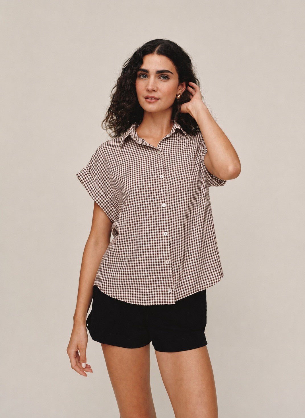 Bella DahlShort Roll Sleeve Shirt - Brown Micro GinghamTops