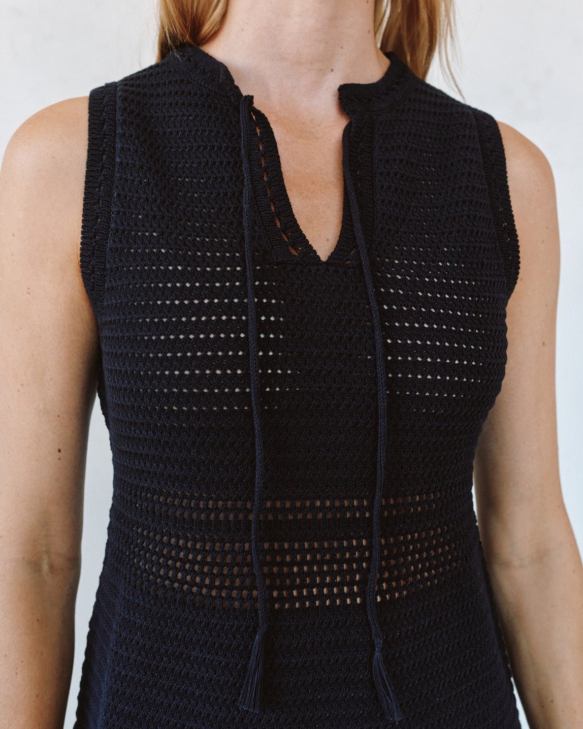 short black crochet dress Short dress in crocheted knit deep black