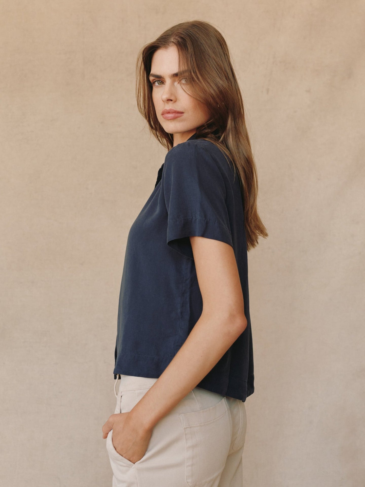 Bella DahlShort Sleeve Flowy Button Down - Endless SeaTops