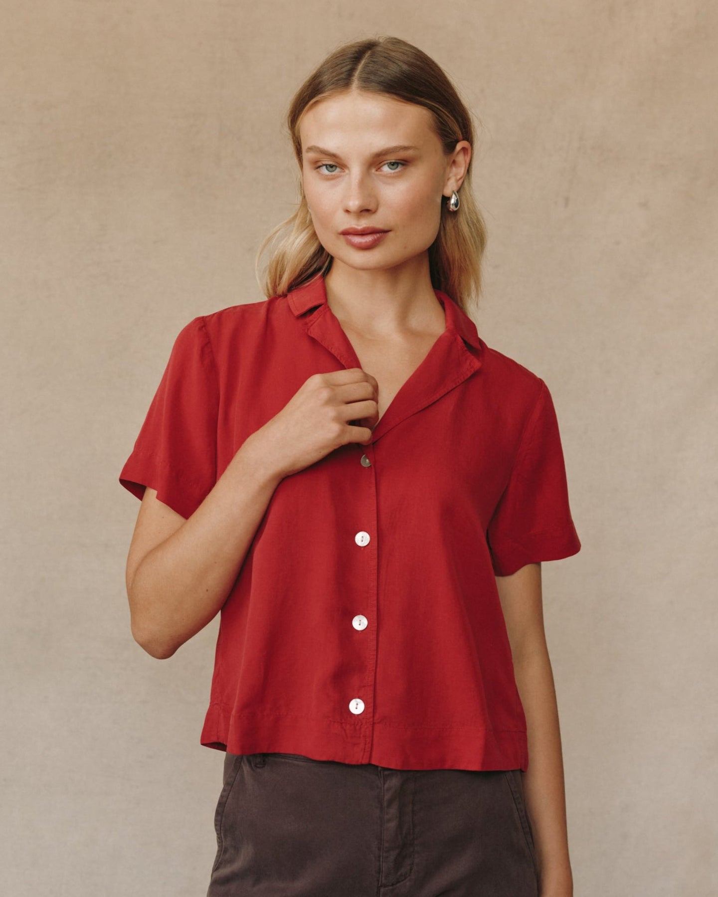 Bella DahlShort Sleeve Flowy Button Down - Ruby RedTops