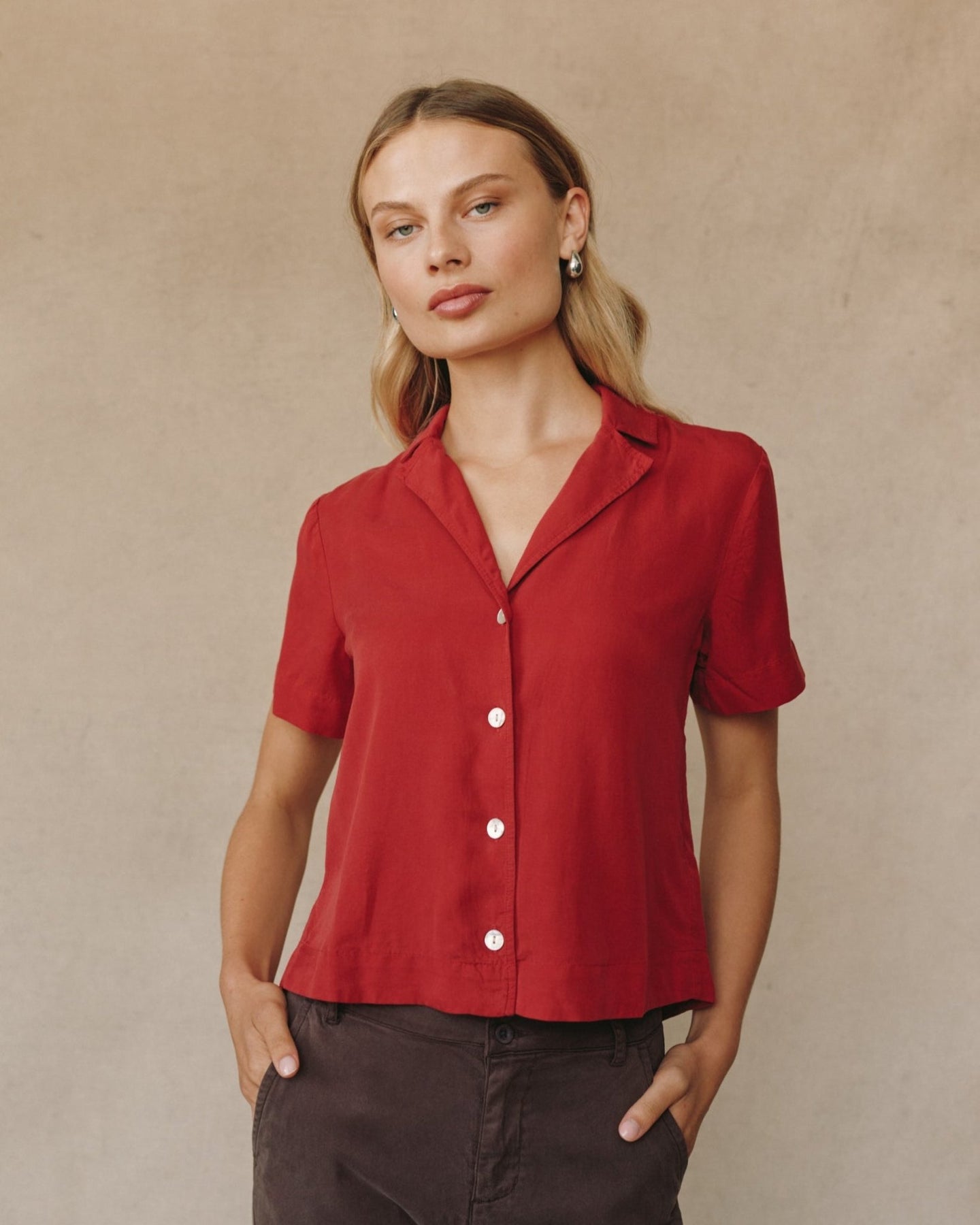 Bella DahlShort Sleeve Flowy Button Down - Ruby RedTops
