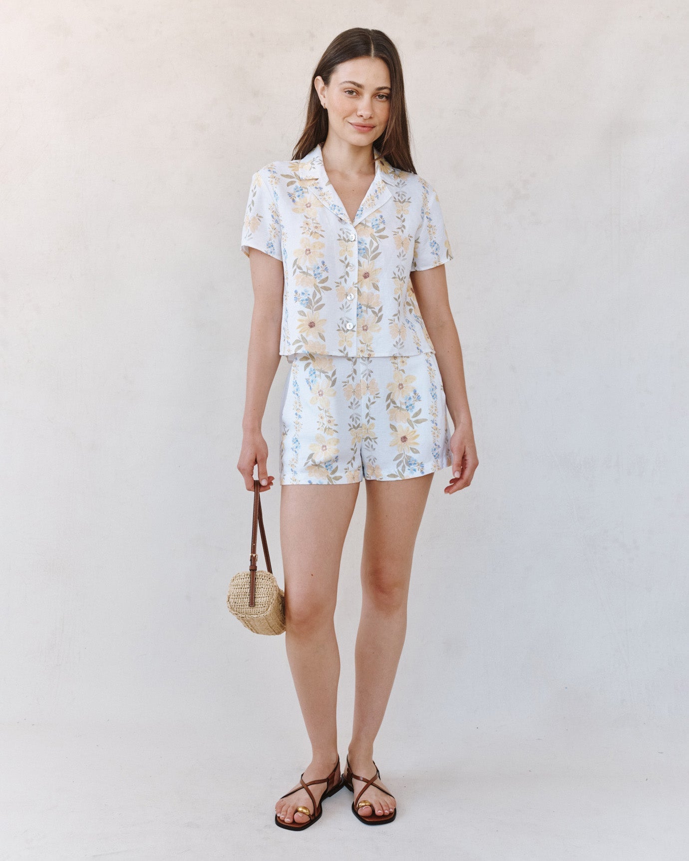 Bella DahlShort Sleeve Knotch Collar Shirt - Wildflower Stripes PrintTops