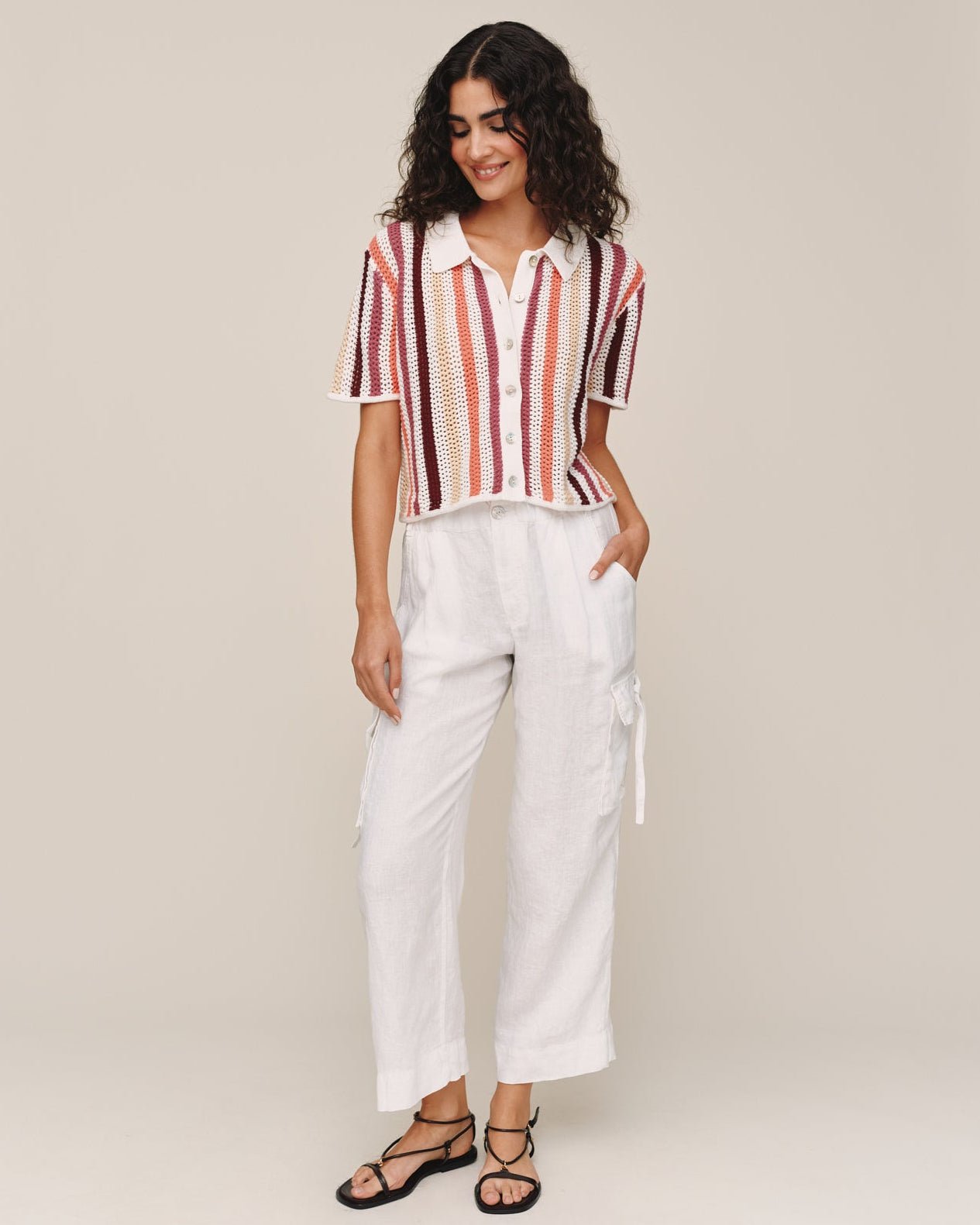 Bella DahlShort Sleeve Open Knit Stripe Button Down - Beach Side StripeSweaters