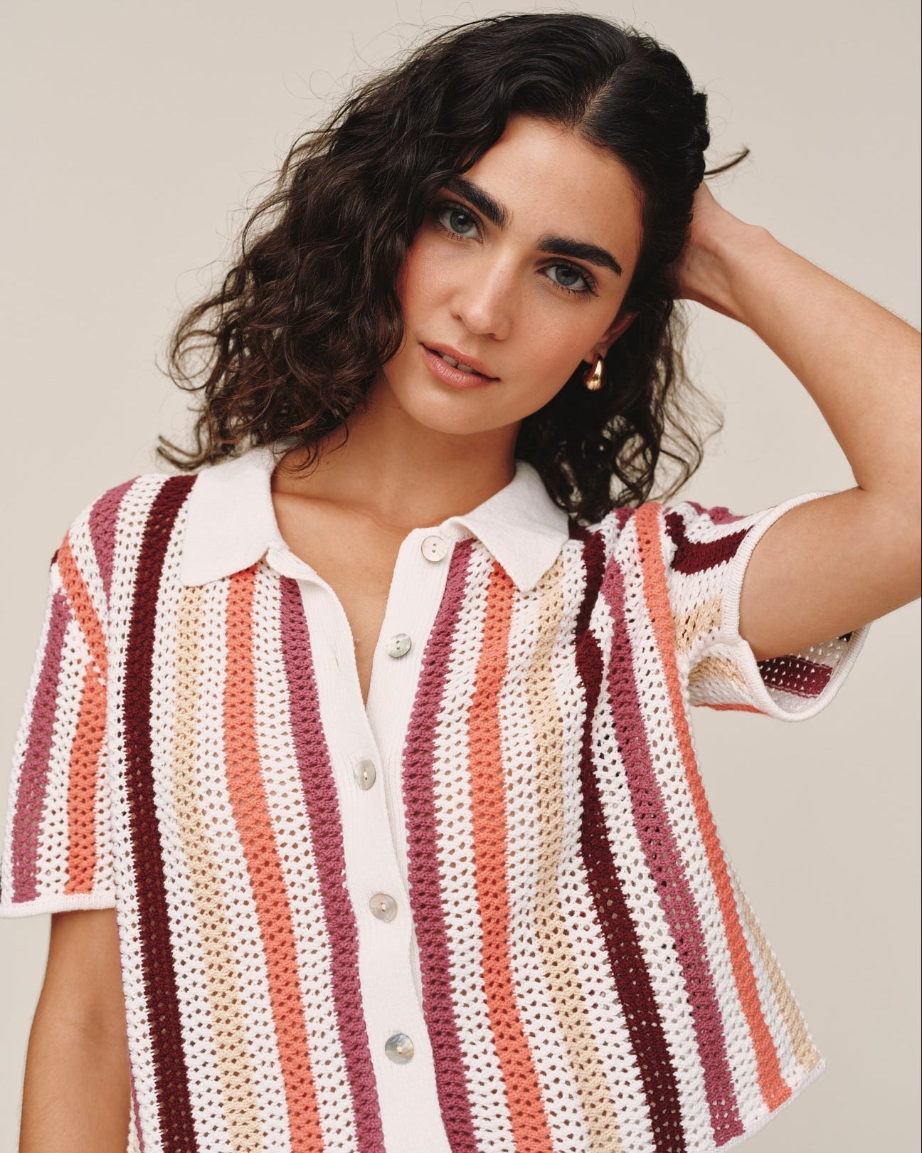 Bella DahlShort Sleeve Open Knit Stripe Button Down - Beach Side StripeSweaters