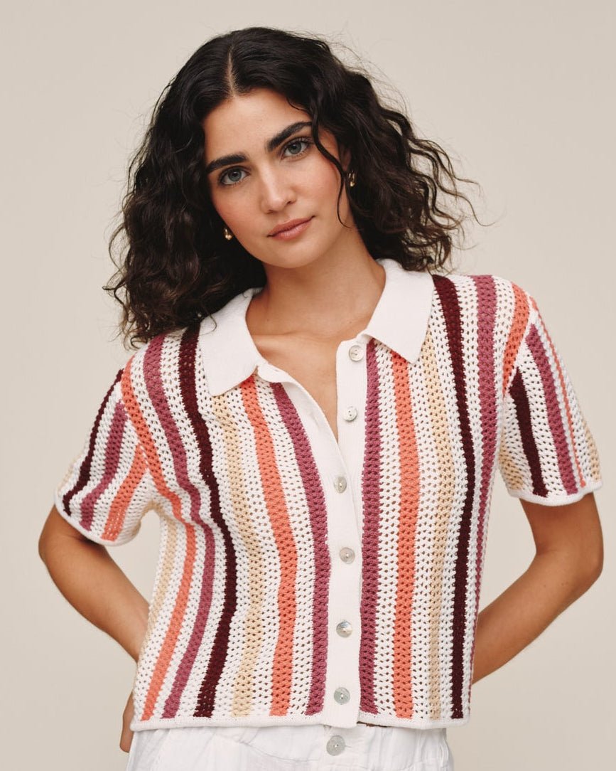 Bella DahlShort Sleeve Open Knit Stripe Button Down - Beach Side StripeSweaters