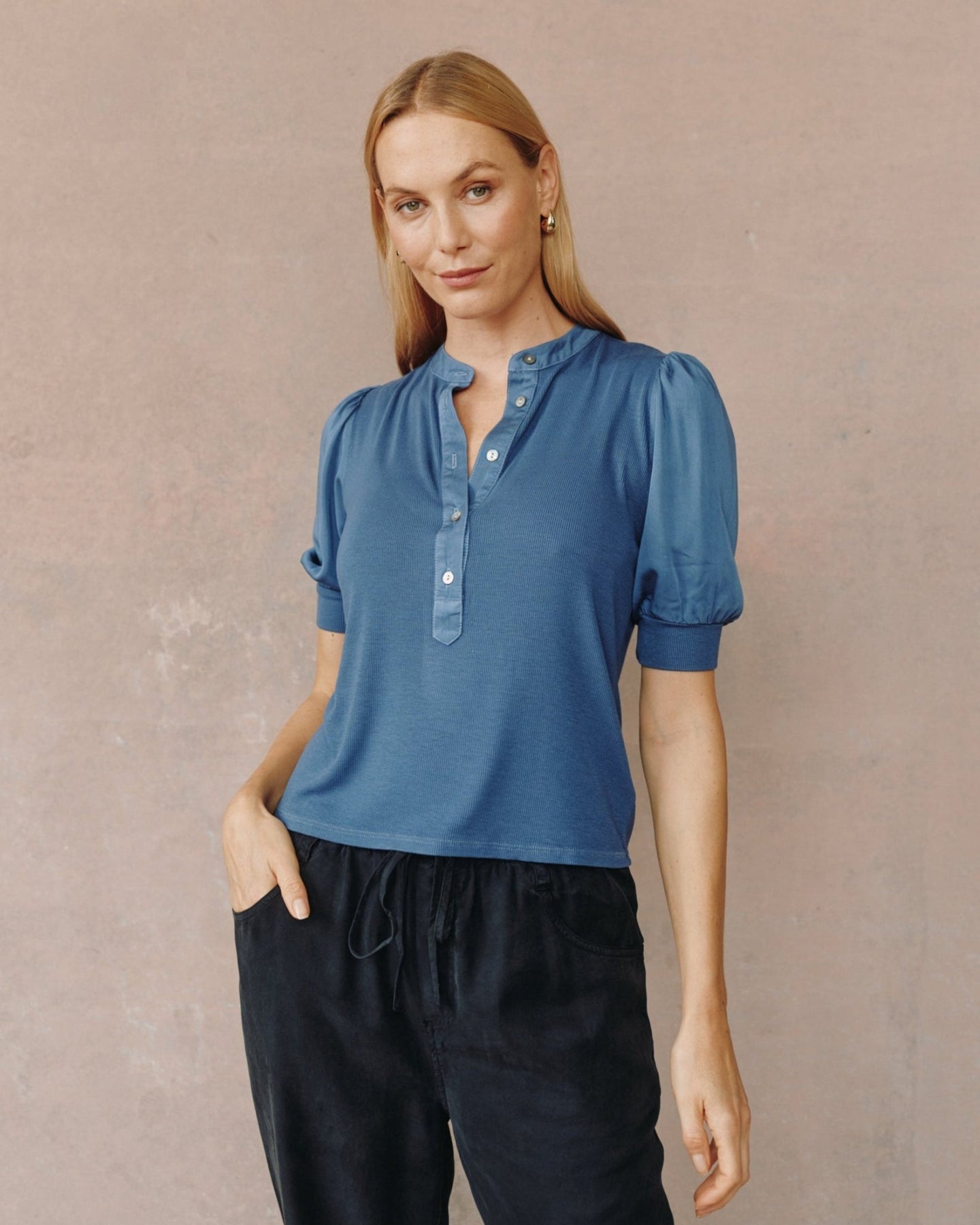 Bella DahlShort Sleeve Placket Mixed Shirt - Indigo BlueTops