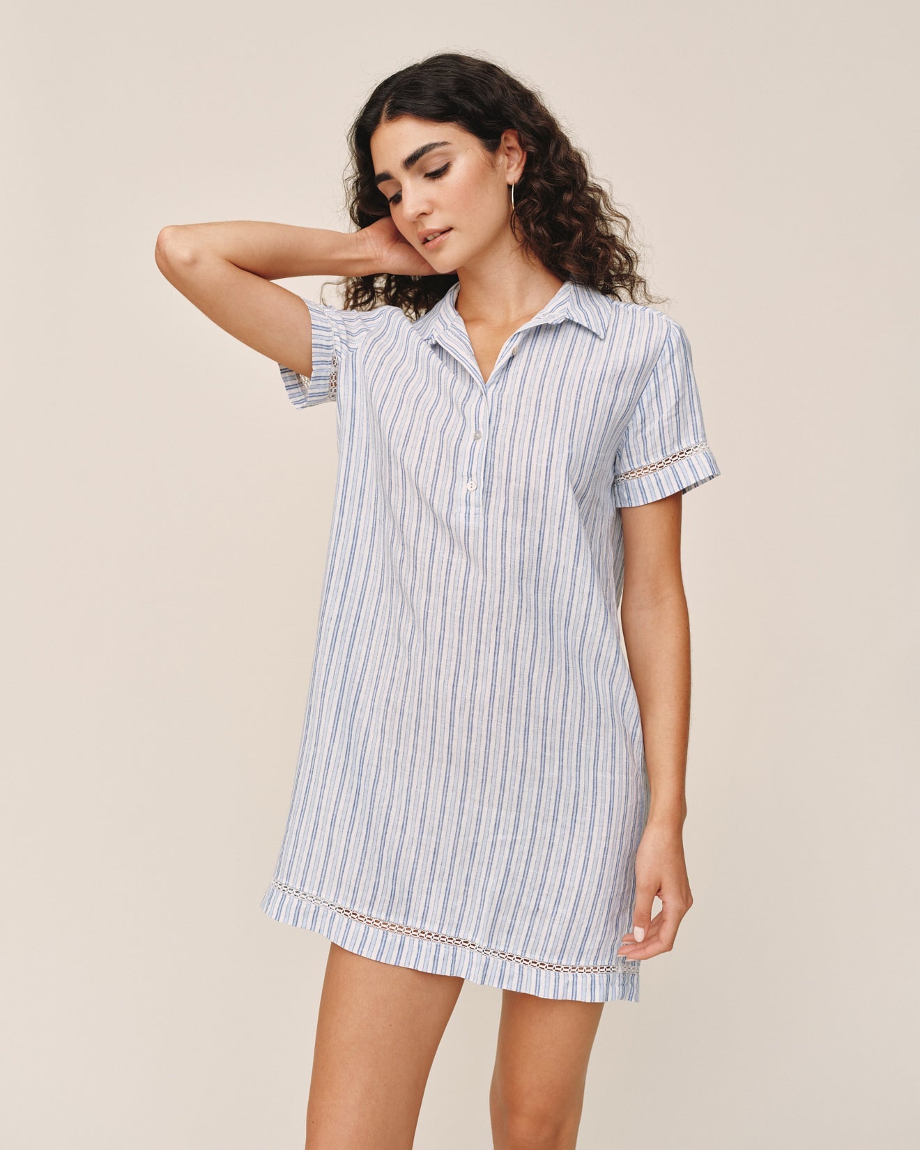 Short Sleeve Pullover Shirt Dress | Ocean Blue Stripe | M