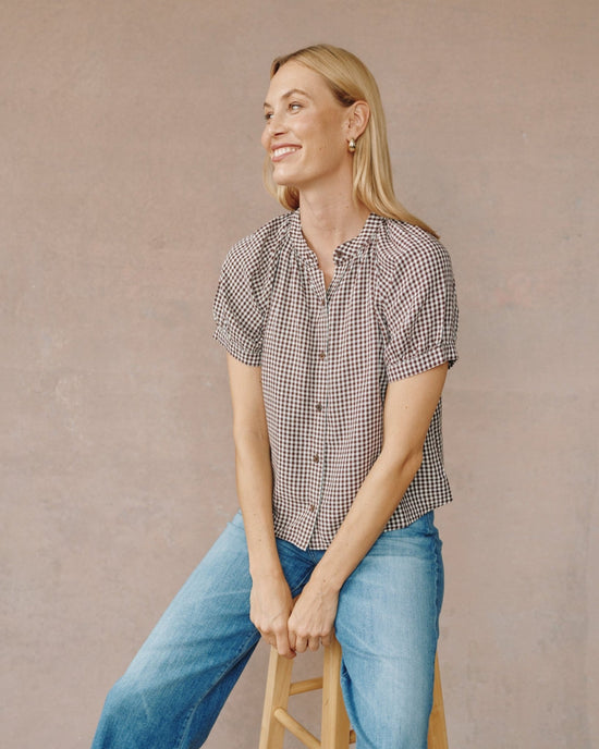 Bella Dahl Short Sleeve Raglan Shirt - Brown Micro Gingham