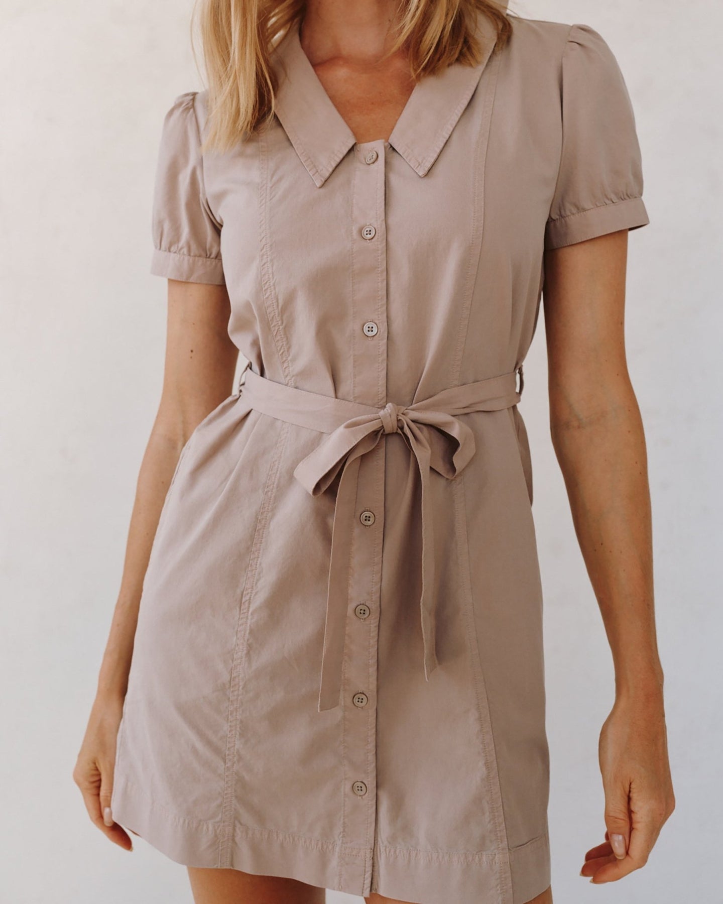 Short Sleeve Seamed Puritan Collar Dress | Soft DUNE | M Short Sleeve Seamed Puritan Collar Dress | Soft DUNE | M