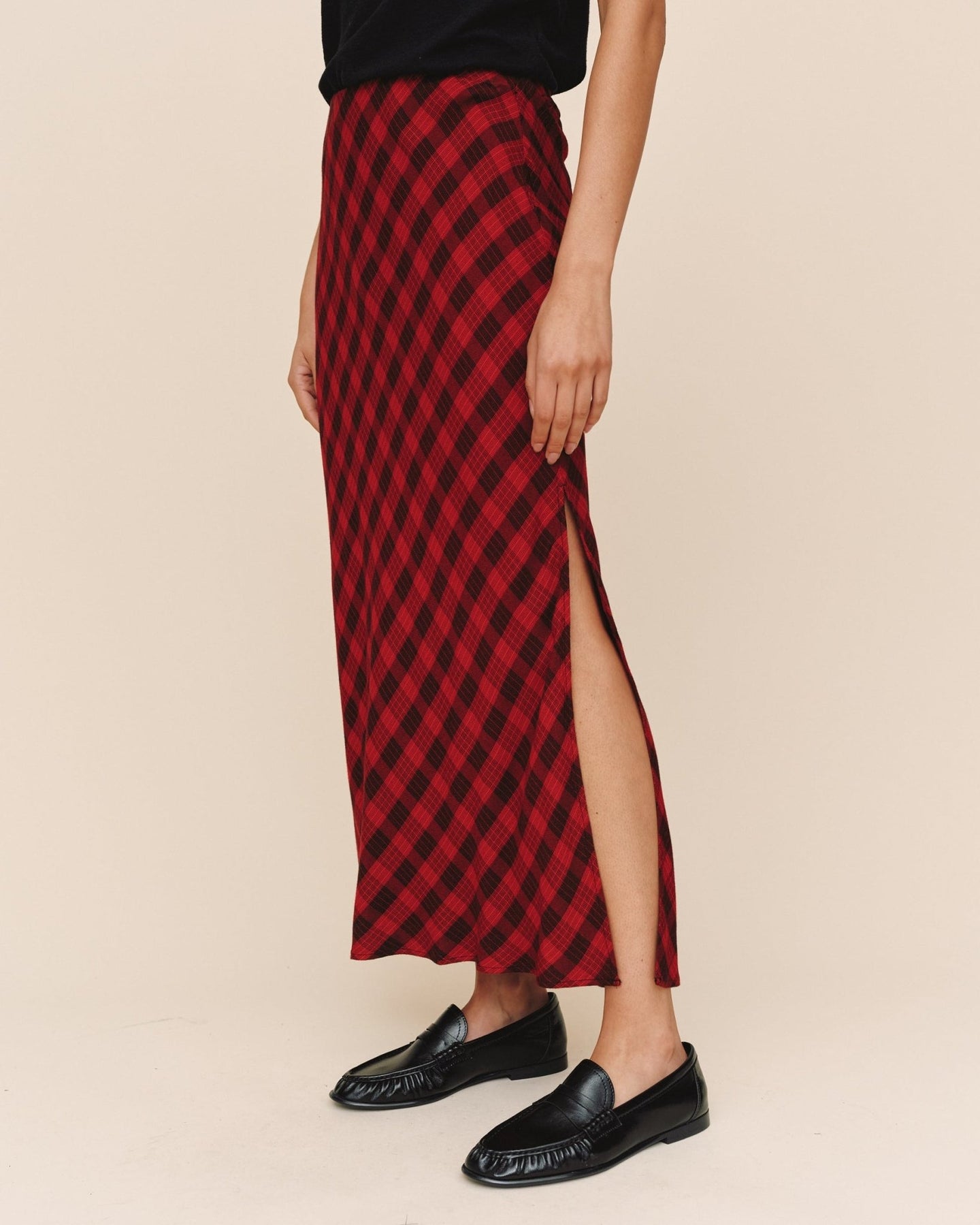 Bella DahlSide Slit Bias Maxi Skirt - Red & Black CheckSkirts
