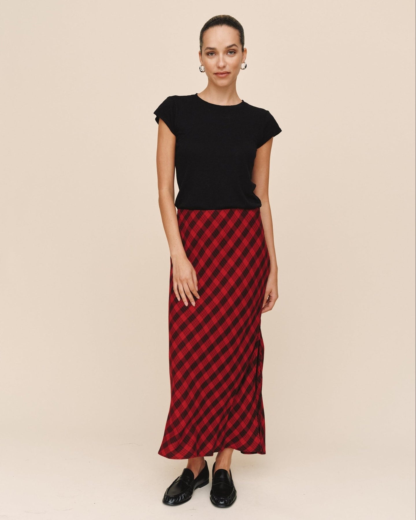 Bella DahlSide Slit Bias Maxi Skirt - Red & Black CheckSkirts