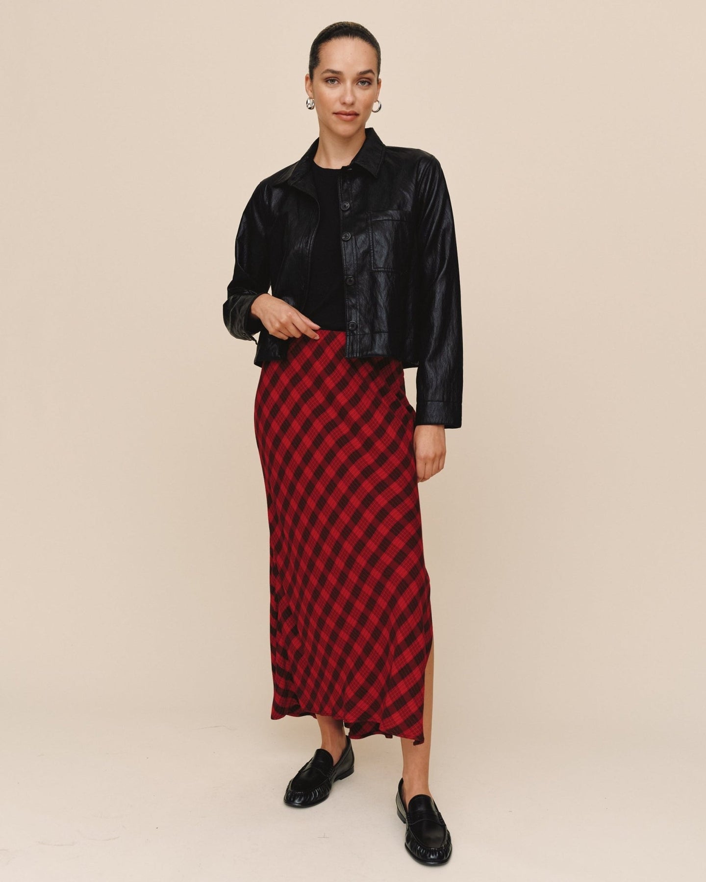 Bella DahlSide Slit Bias Maxi Skirt - Red & Black CheckSkirts