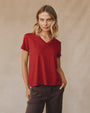 Bella DahlSide Slit V Neck Tee - Ruby RedTops