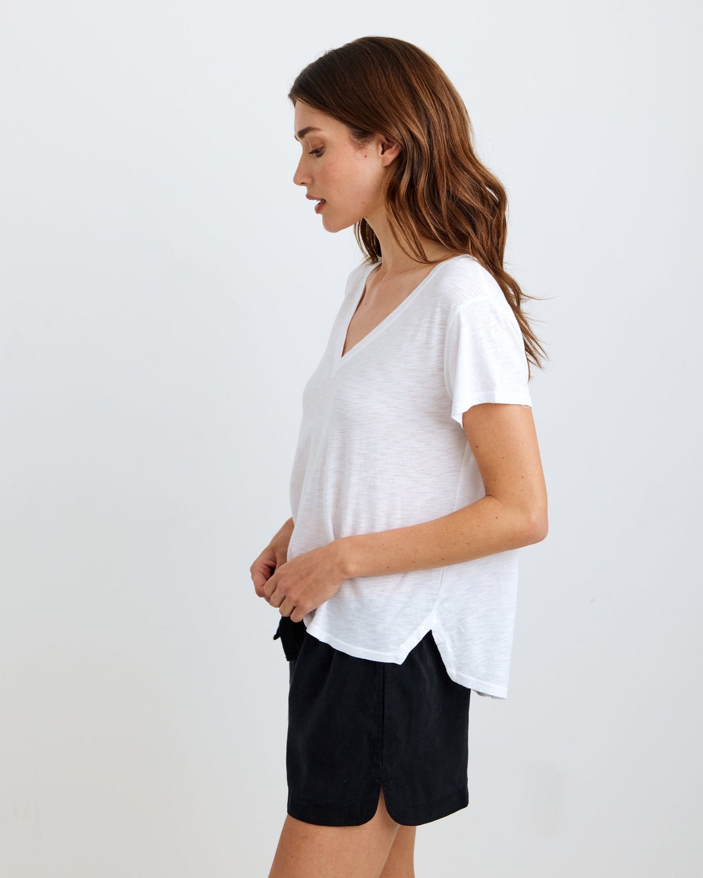 Side Slit V-Neck Tee - White, White / XL Side Slit V-Neck Tee - White, White / XL