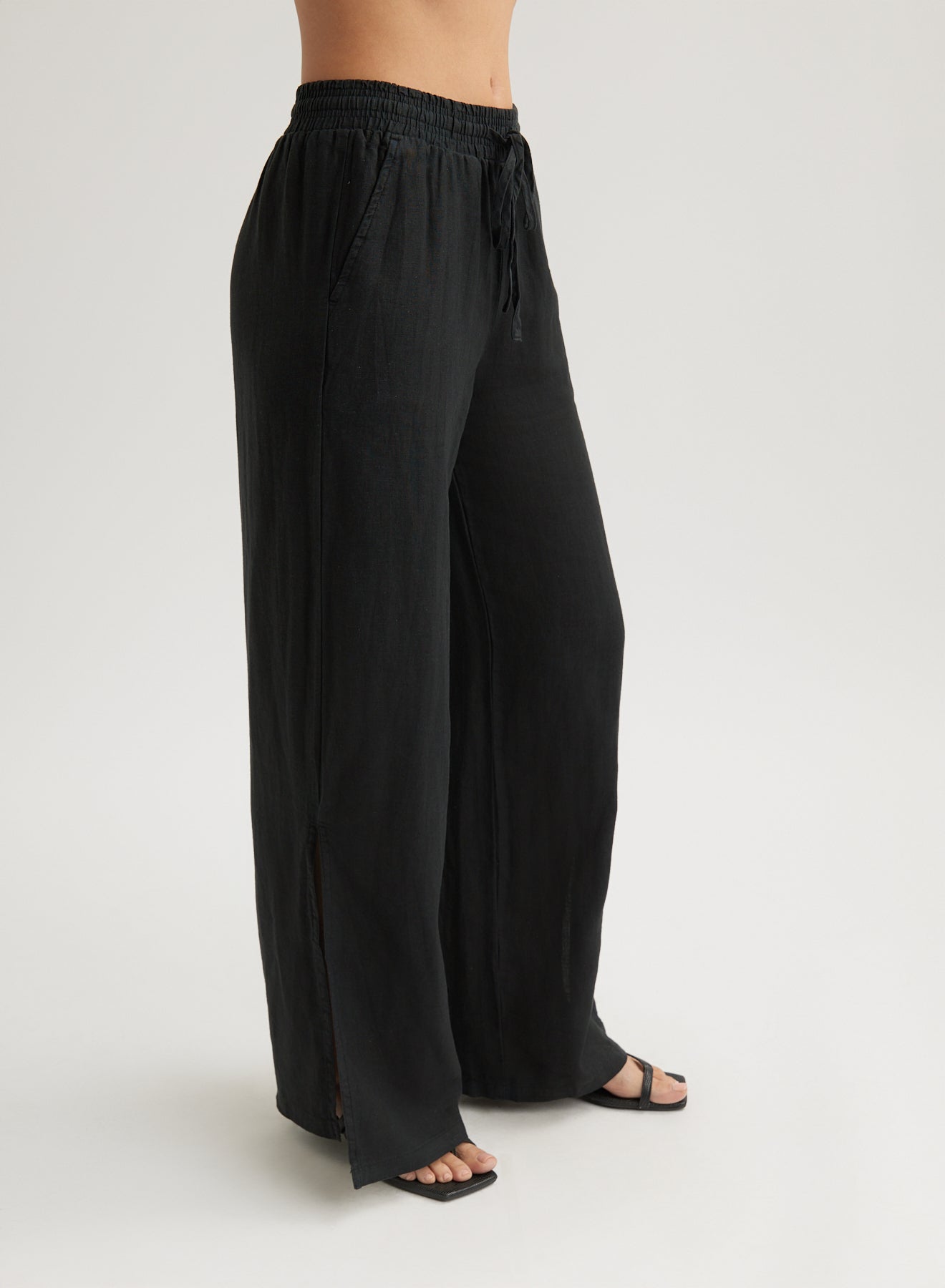 Linen Side Slit Wide Leg Pant Black - Main Image