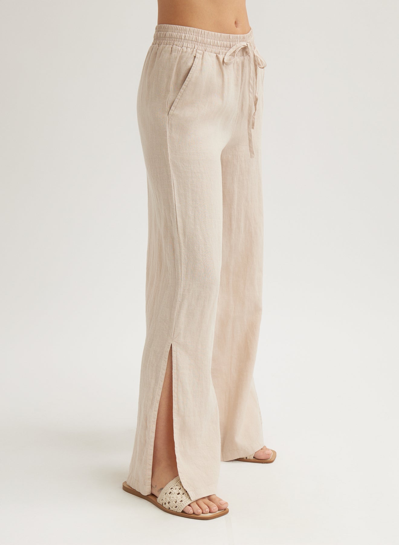 Linen Side Slit Wide Leg Pant Linen Sand