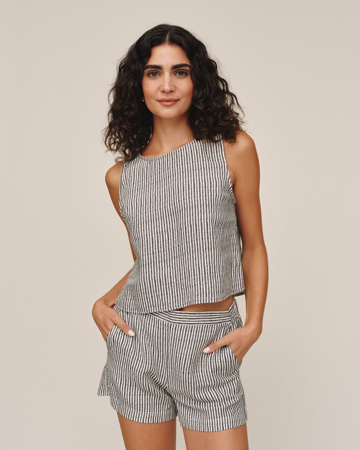 Bella DahlSleeveless Boat Neck Split Back - Hatch StripeTops