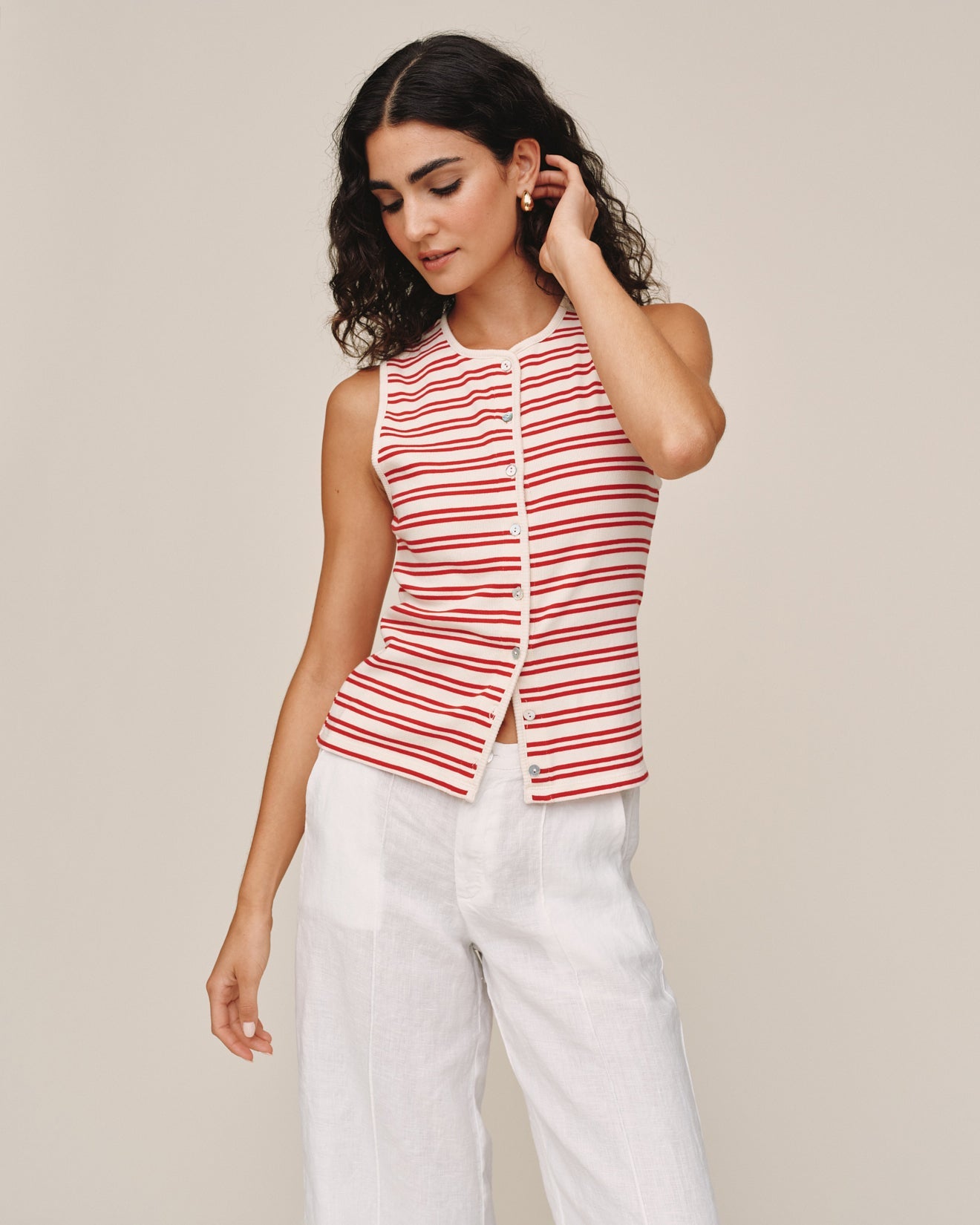 Bella DahlSleeveless Fitted Button Down Top - Sunset Sail StripeTops