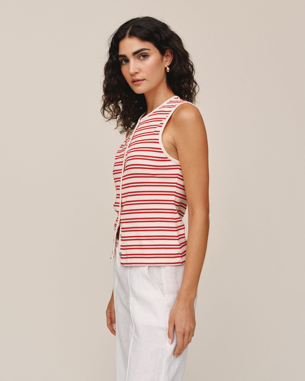 Bella DahlSleeveless Fitted Button Down Top - Sunset Sail StripeTops