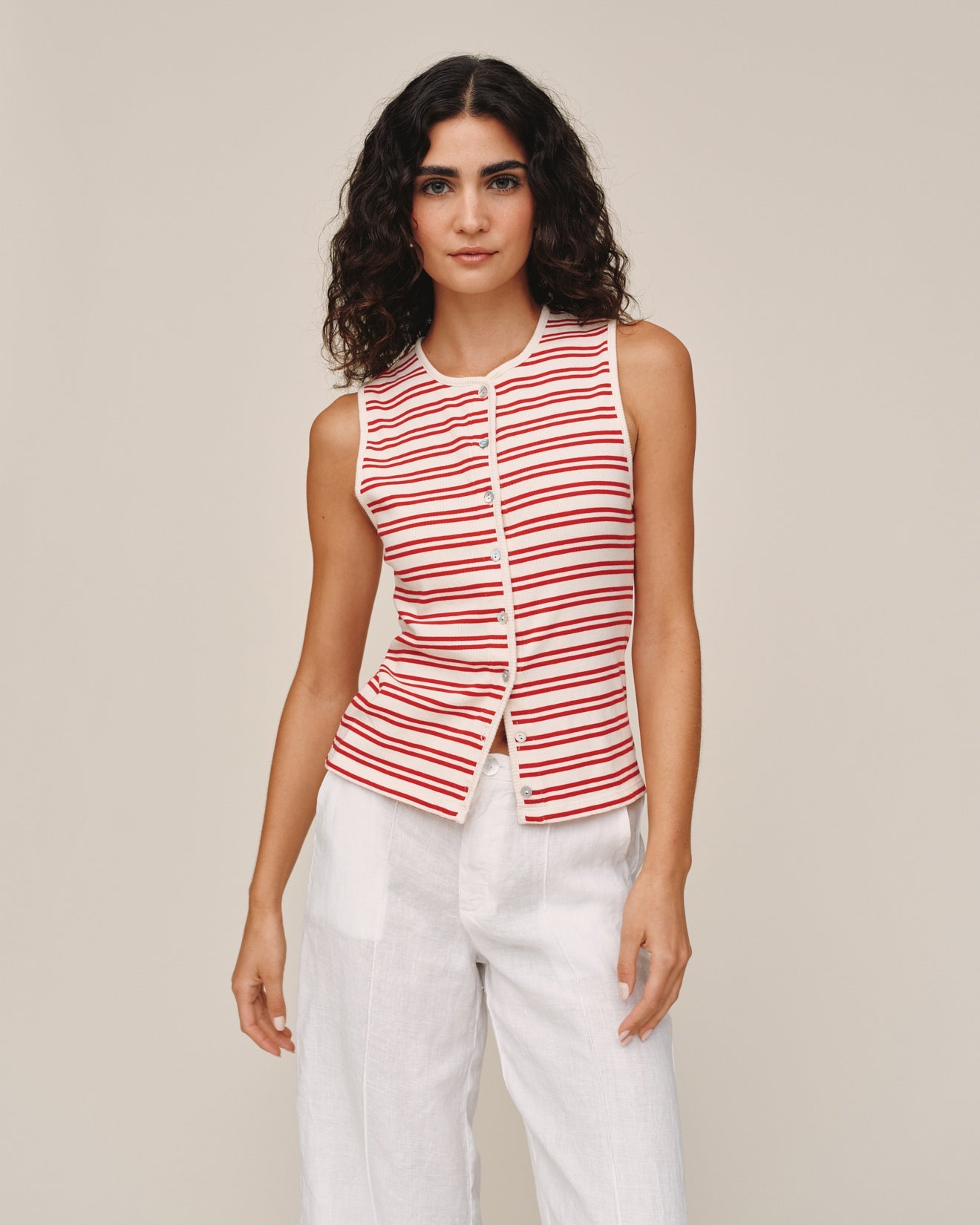 Bella DahlSleeveless Fitted Button Down Top - Sunset Sail StripeTops