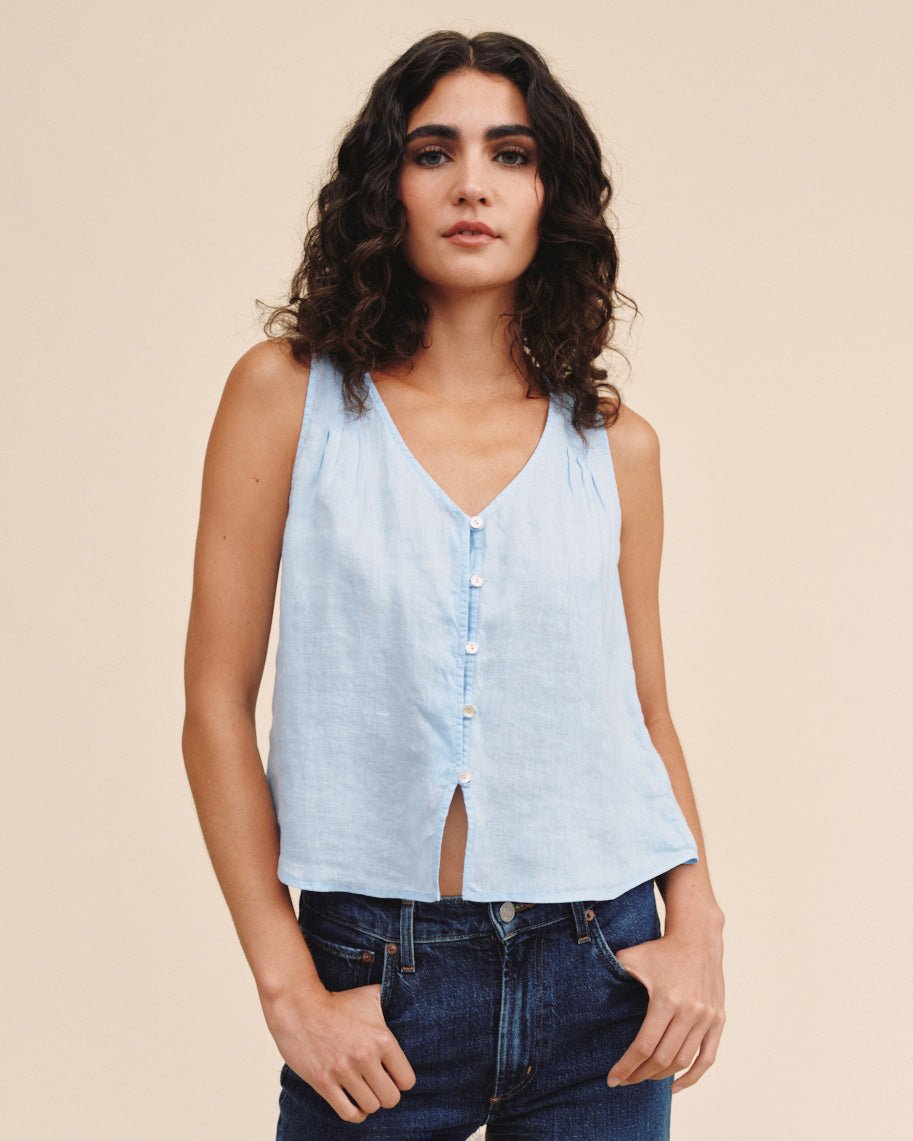 Sleeveless Pintuck V Neck Top - Blue Bell – Bella Dahl