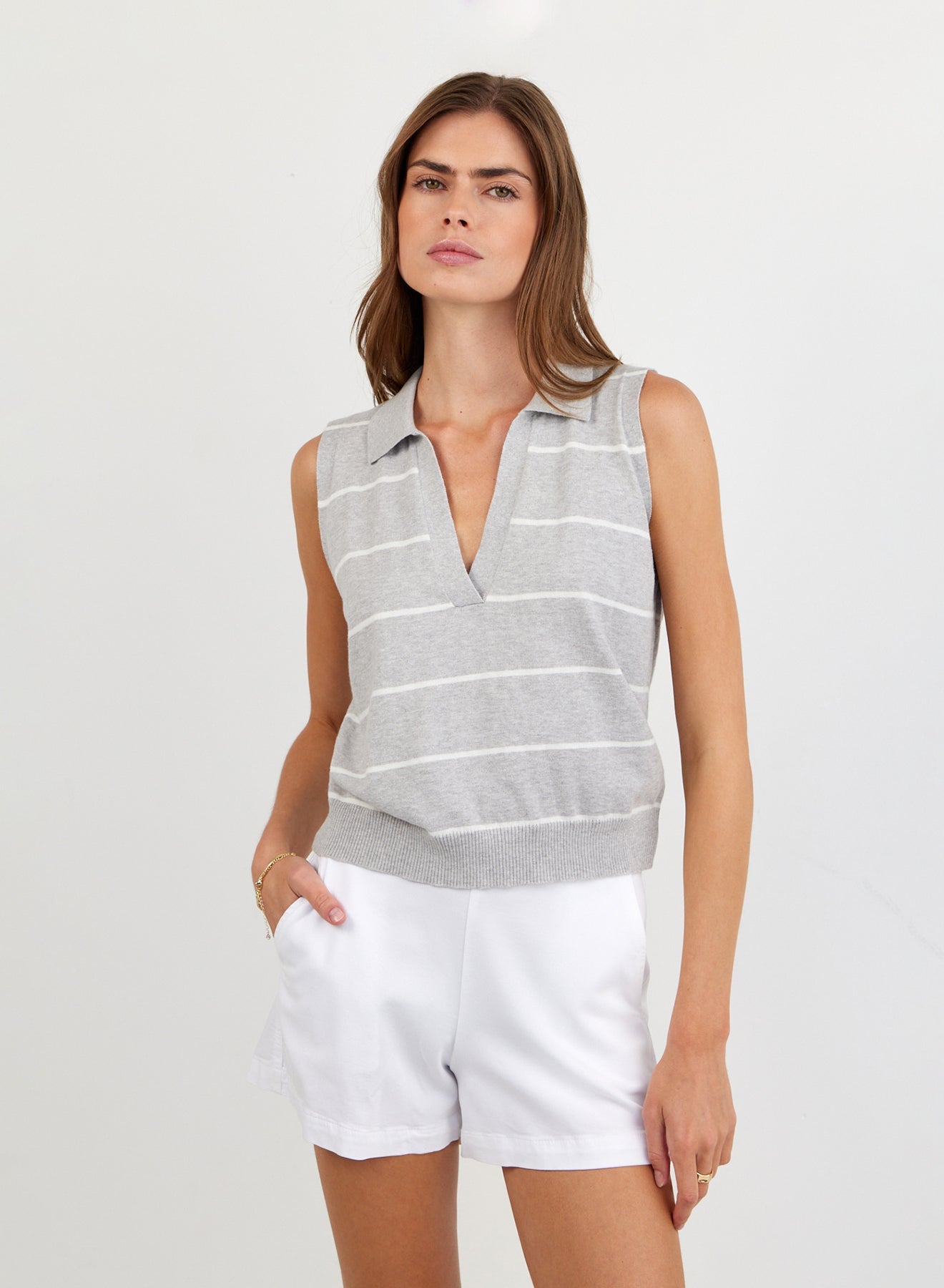 Bella DahlSleeveless Placket Pullover - Sea Mist StripeTops