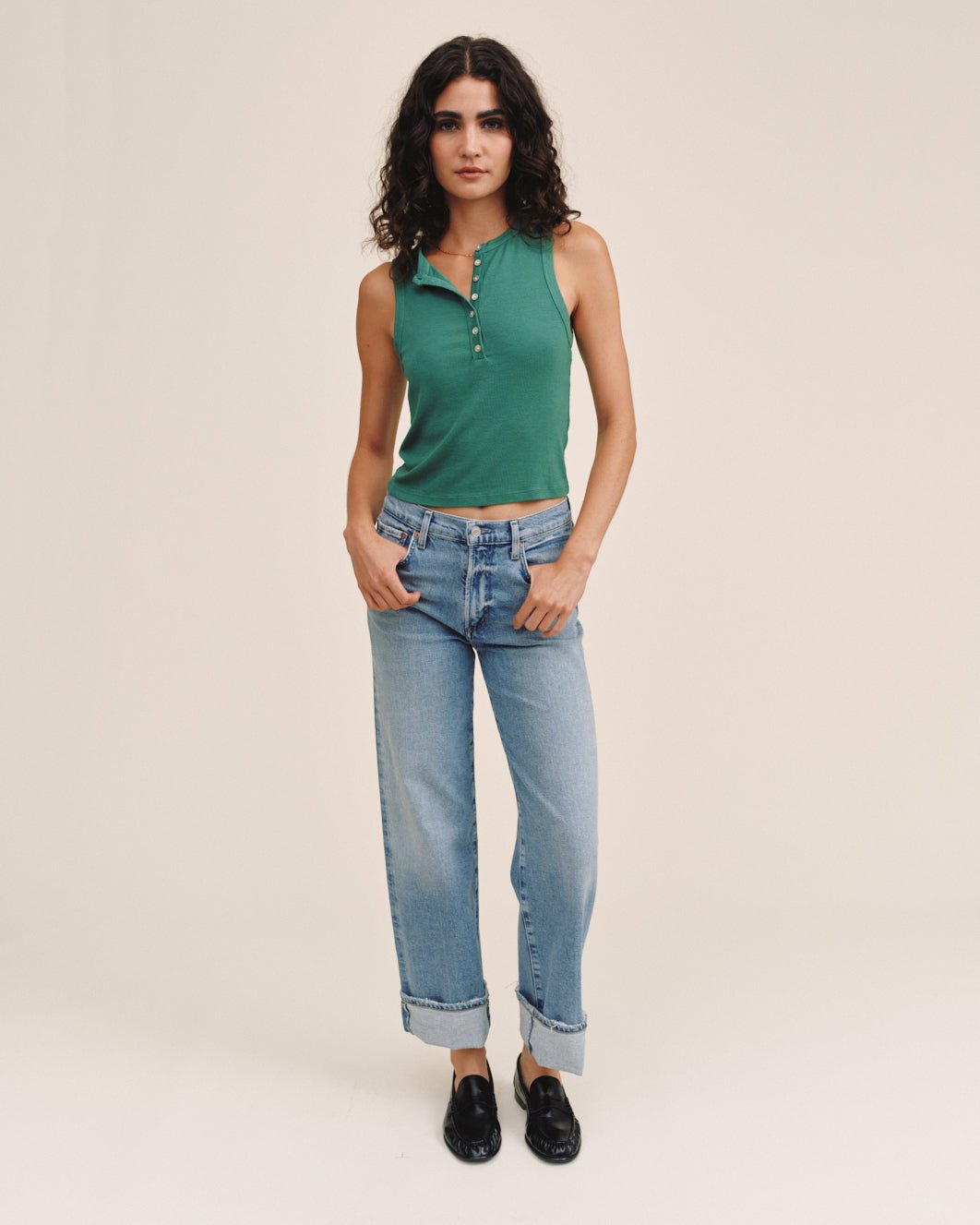 Bella DahlSleeveless Placket Top - Palm GreenTops