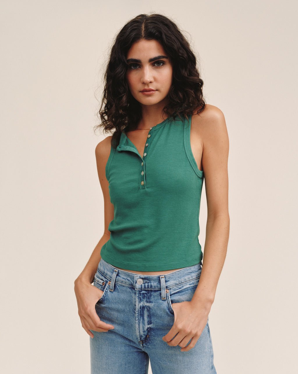 Bella DahlSleeveless Placket Top - Palm GreenTops