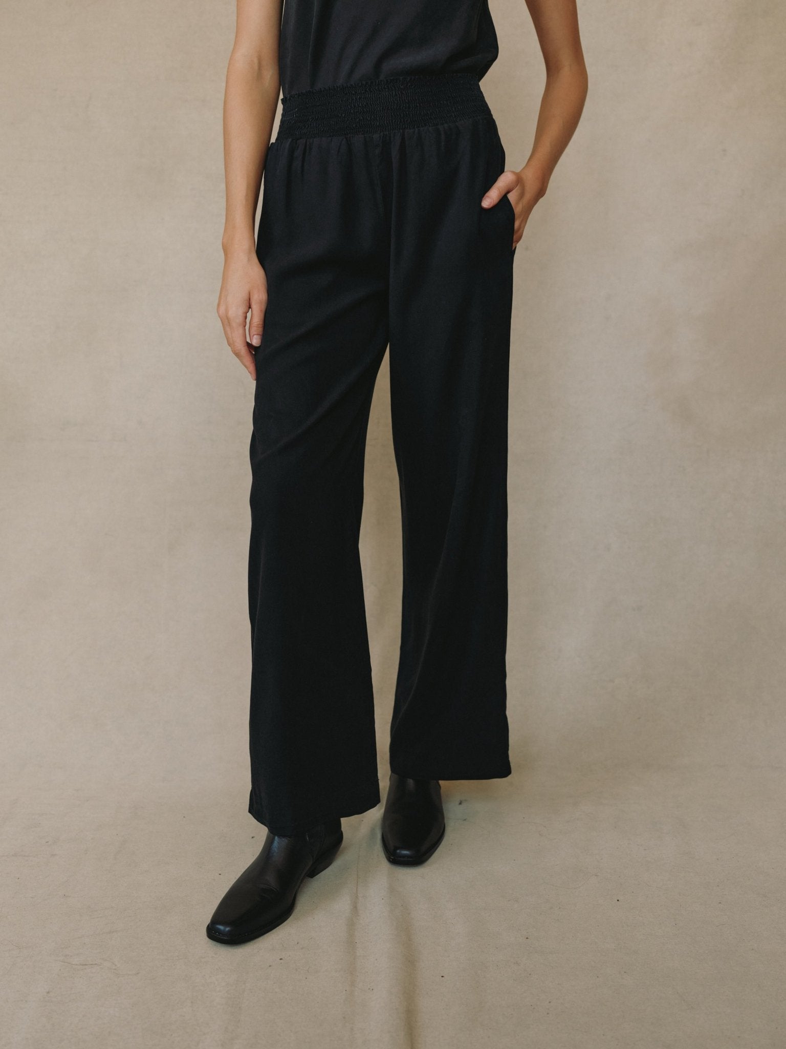 Smocked Waist Wide Leg Pants in Vintage Black - Bella Dahl