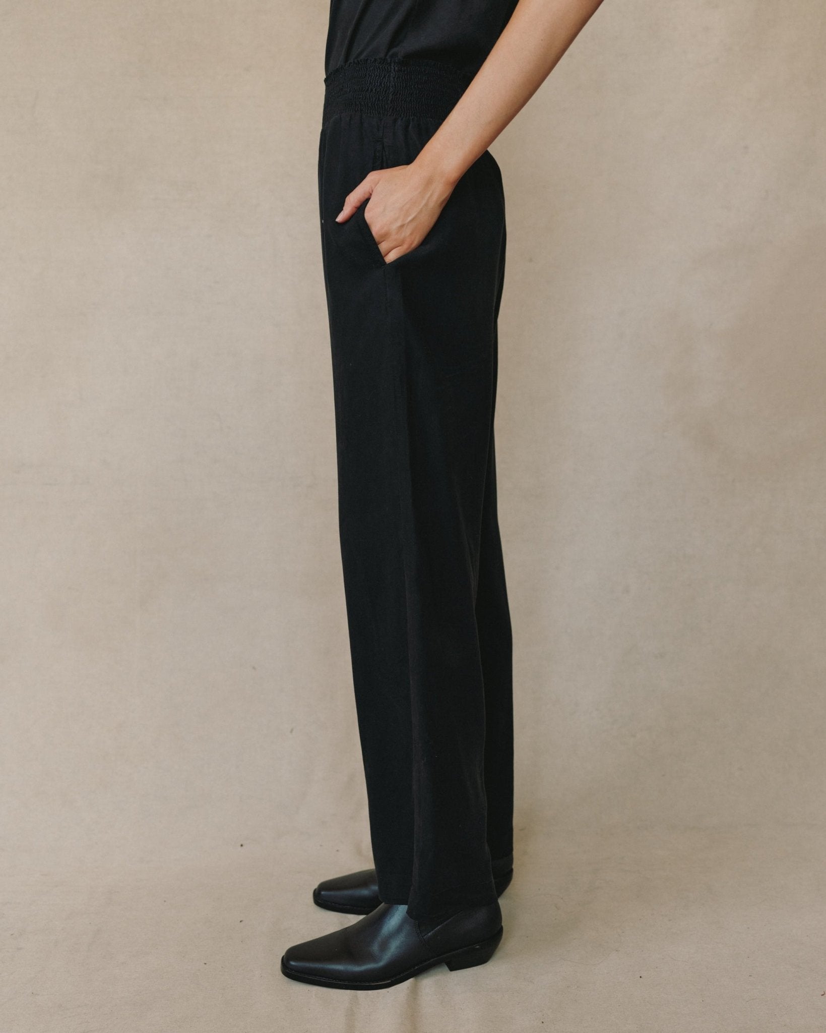 Smocked Waist Wide Leg Pants in Vintage Black - Bella Dahl
