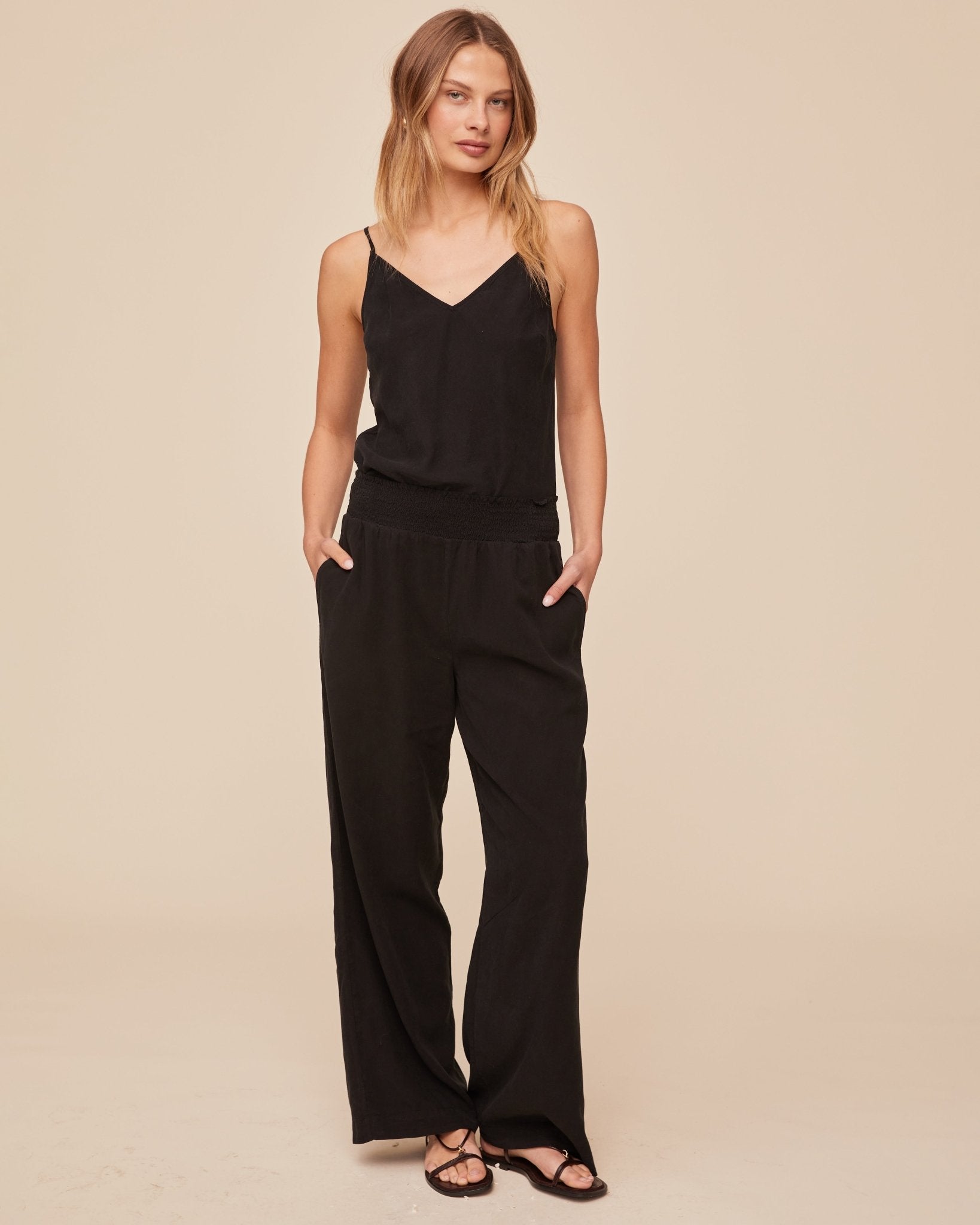 Smocked Waist Wide Leg Pants in Vintage Black - Bella Dahl