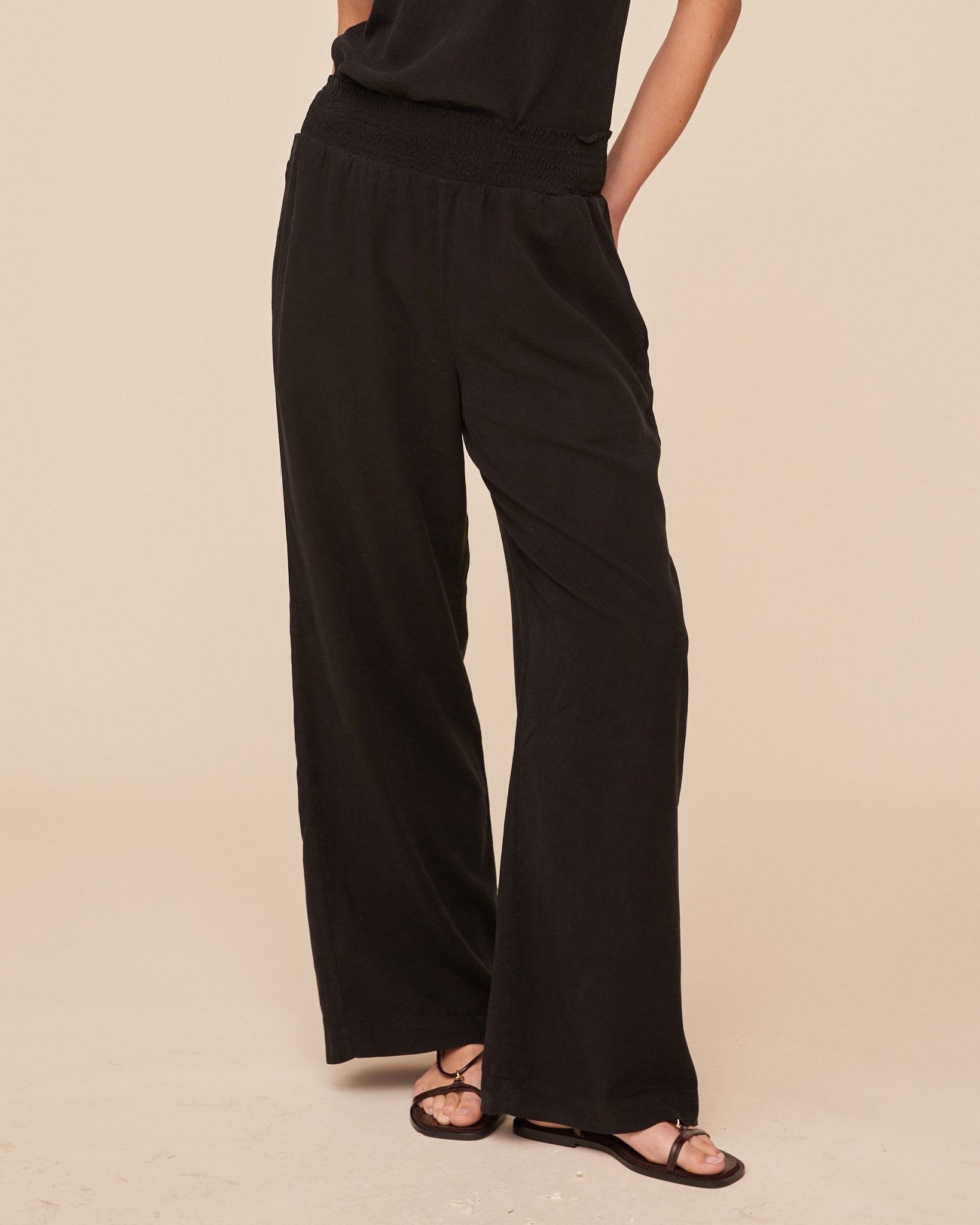 Smocked Waist Wide Leg Pants in Vintage Black - Bella Dahl