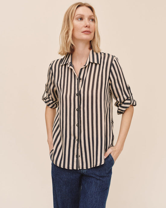 Bella Dahl Split Back Button Down - Black-Ecru Stripe