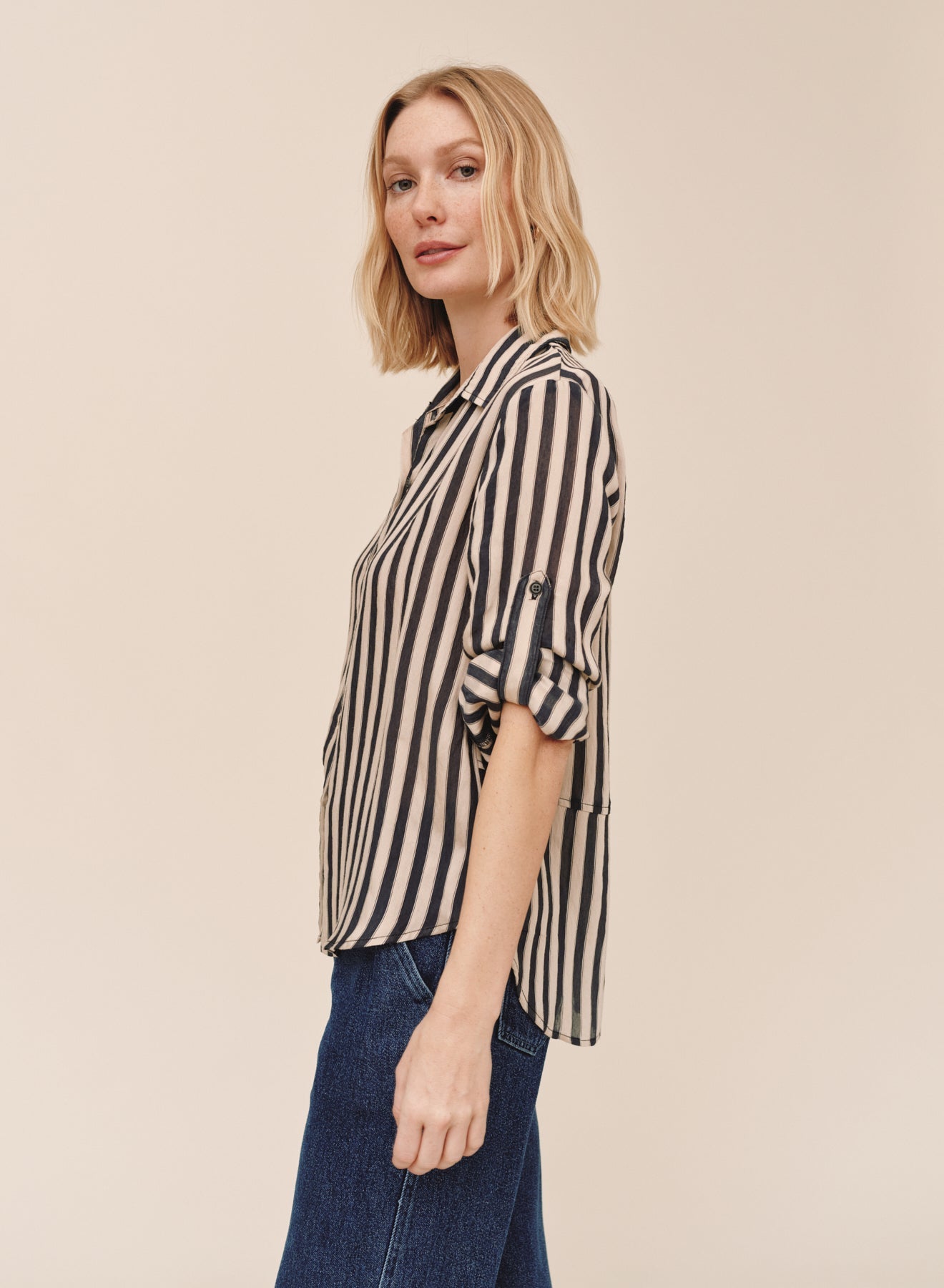 Bella DahlSplit Back Button Down - Black-Ecru StripeTops
