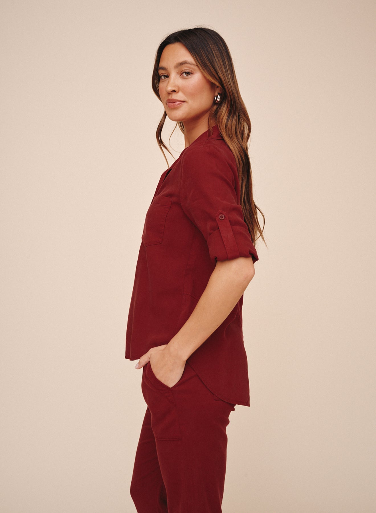 Bella DahlSplit Back Button Down - Deep CrimsonTops