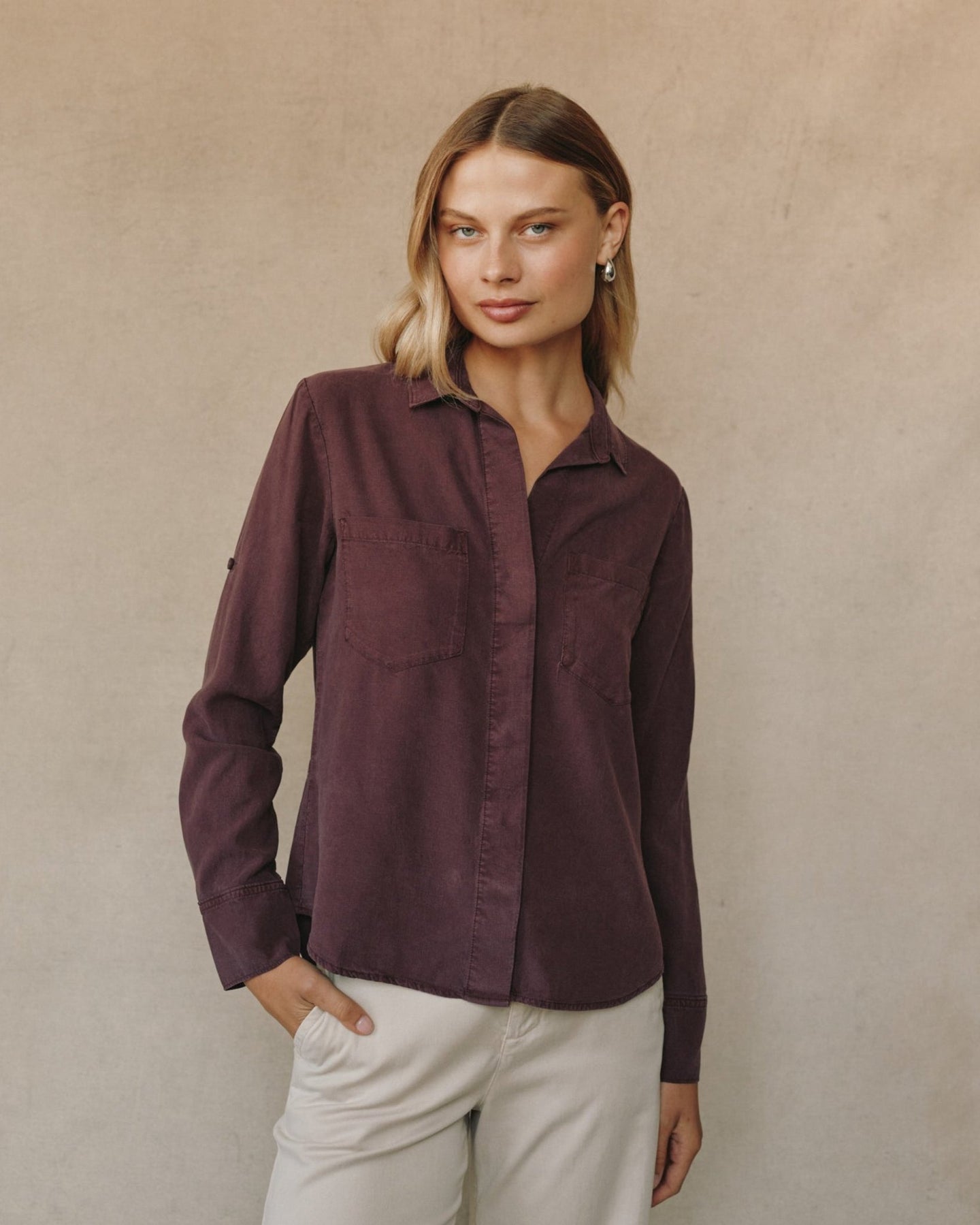 Bella DahlSplit Back Button Down - Pinot NoirTops