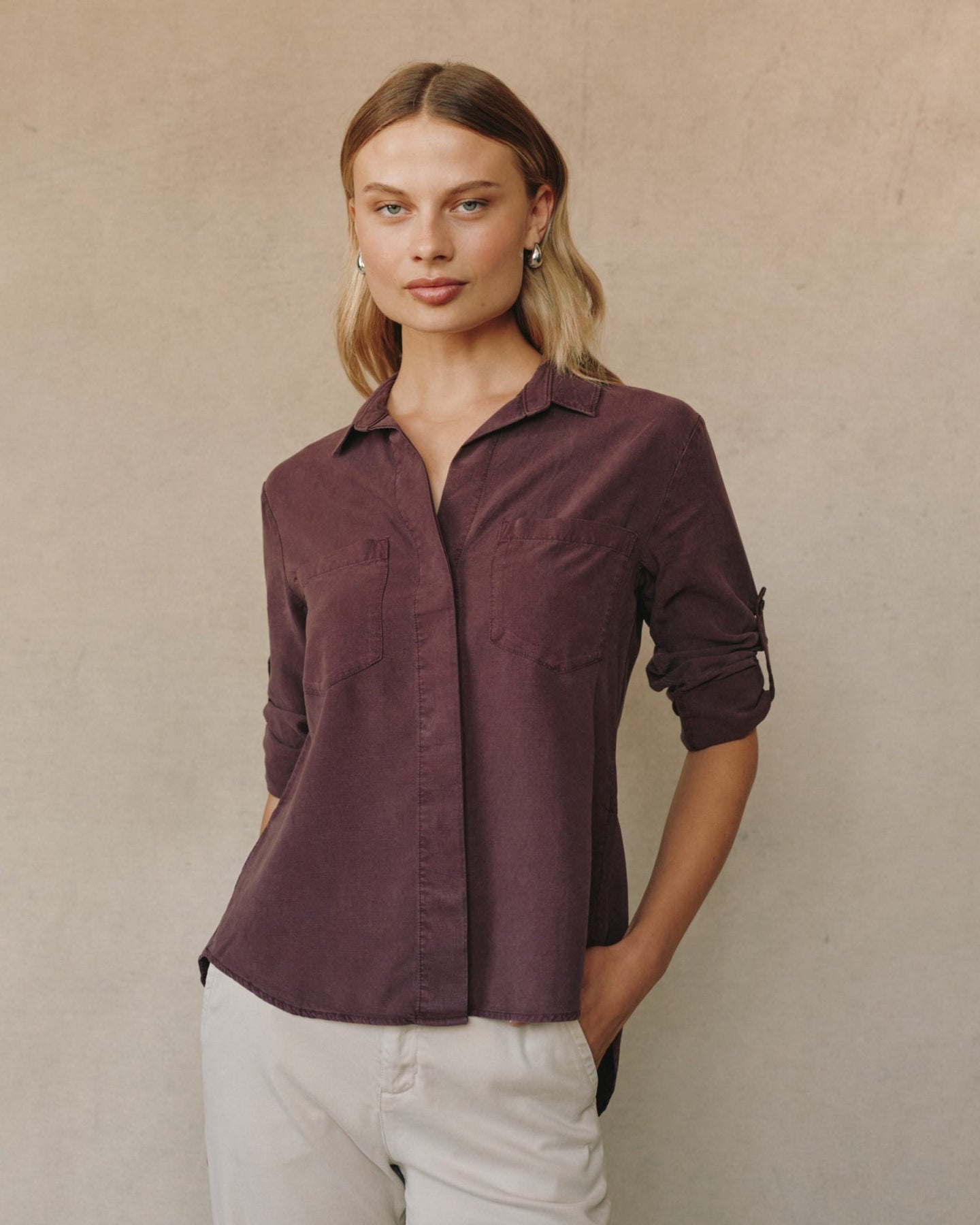 Bella DahlSplit Back Button Down - Pinot NoirTops