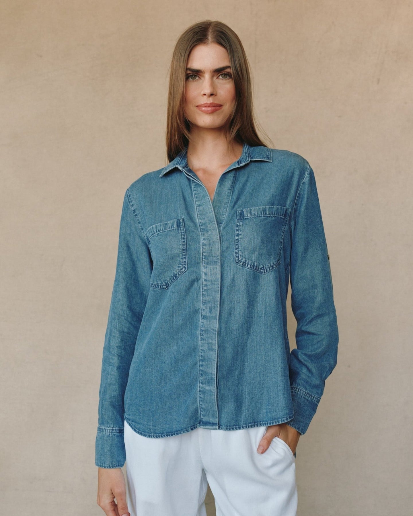 Bella DahlSplit Back Button Down - Skyline Spray WashTops