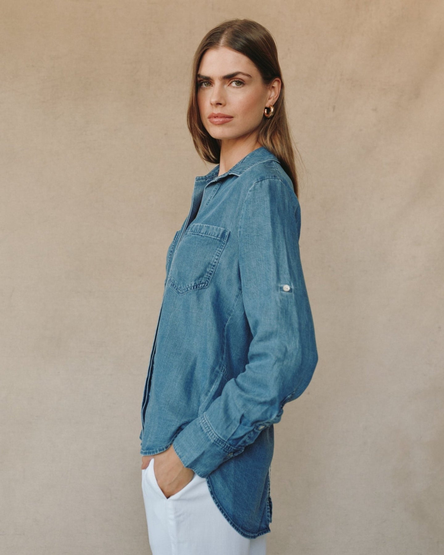 Bella DahlSplit Back Button Down - Skyline Spray WashTops