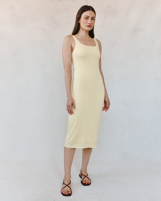 Bella Dahl Square Neck Fitted Midi Dress - Lemon Meringue Stripe View 2