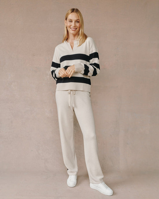 Bella Dahl Stripe Placket Pullover Sweater- Oat & Black View 2