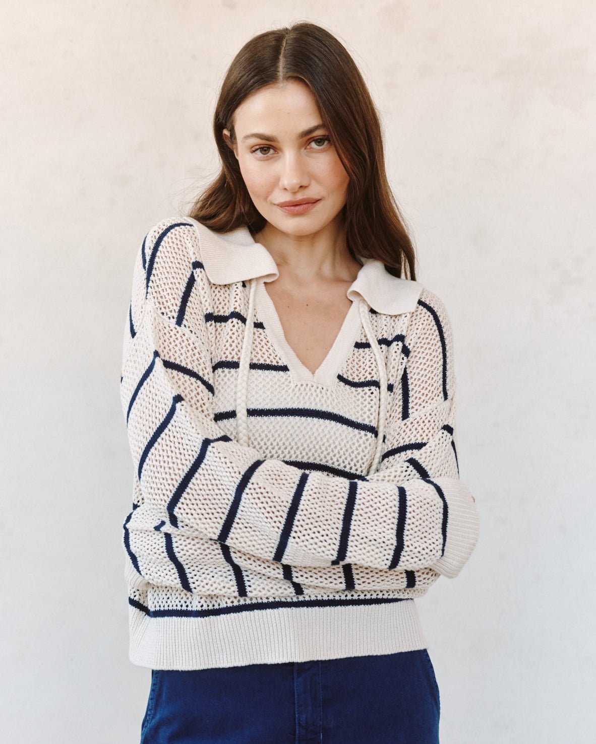 Bella DahlTassel Tie Open Knit Sweater - Ink StripeSweaters