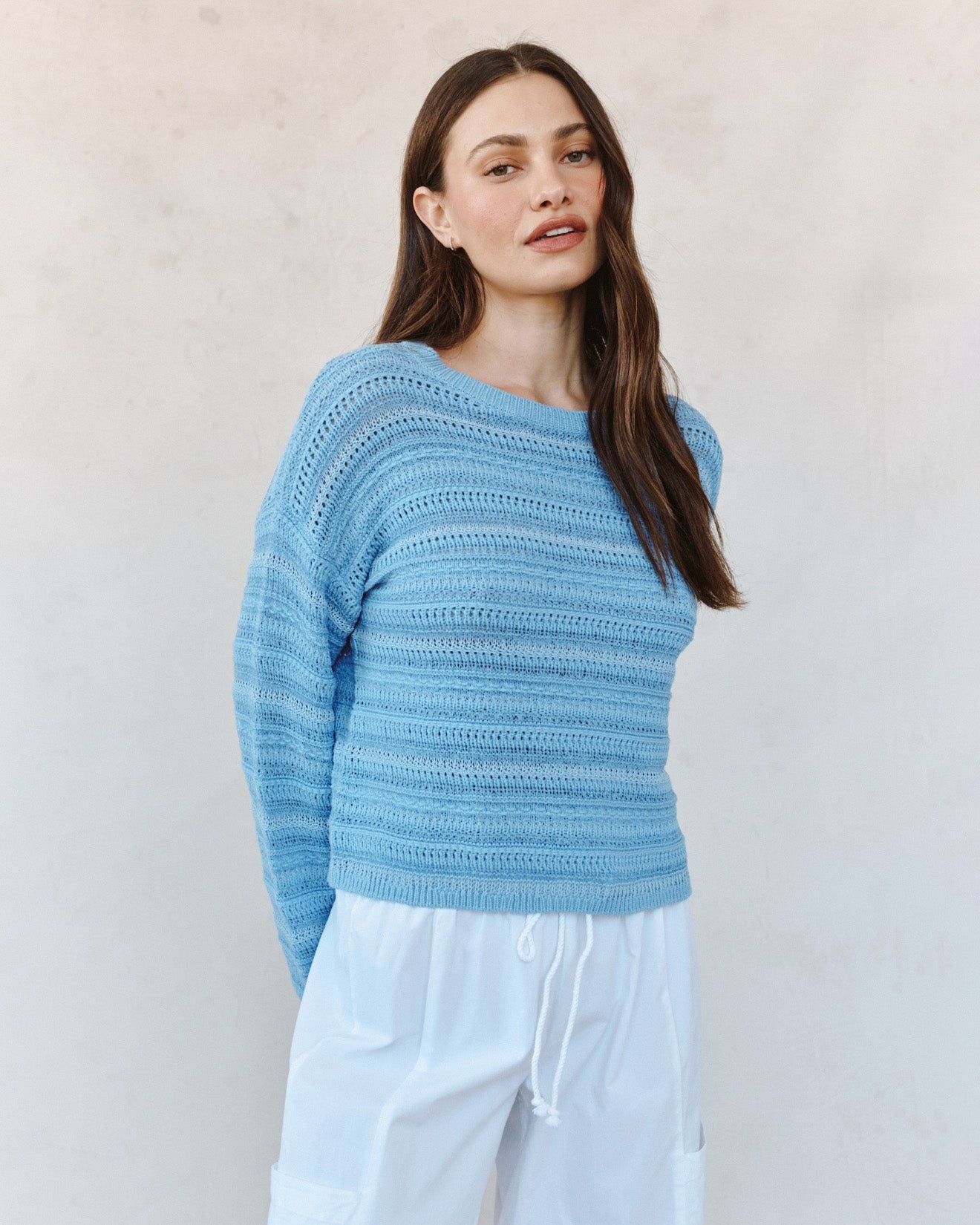 Bella DahlTextured Crew Neck Sweater - Sea Breeze BlueSweaters