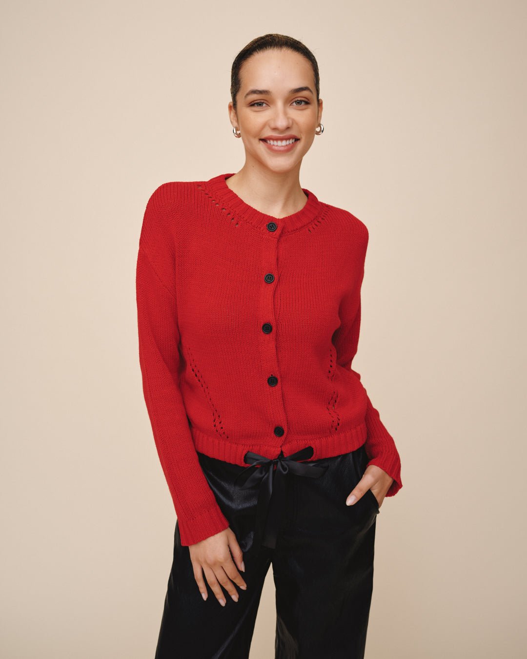 Bella DahlTie Waist Cardigan - Crimson CherryTops