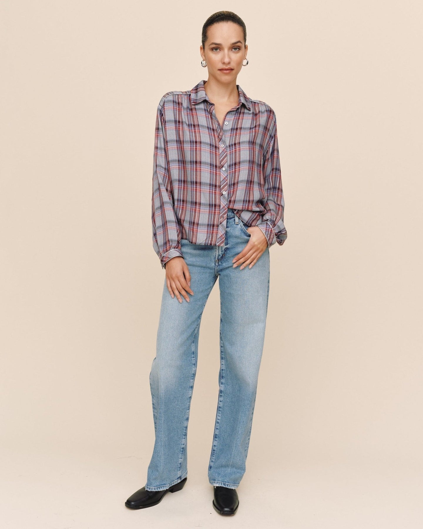 Bella DahlTrimmed Flowy Shirt - Silver Shimmer PlaidTops
