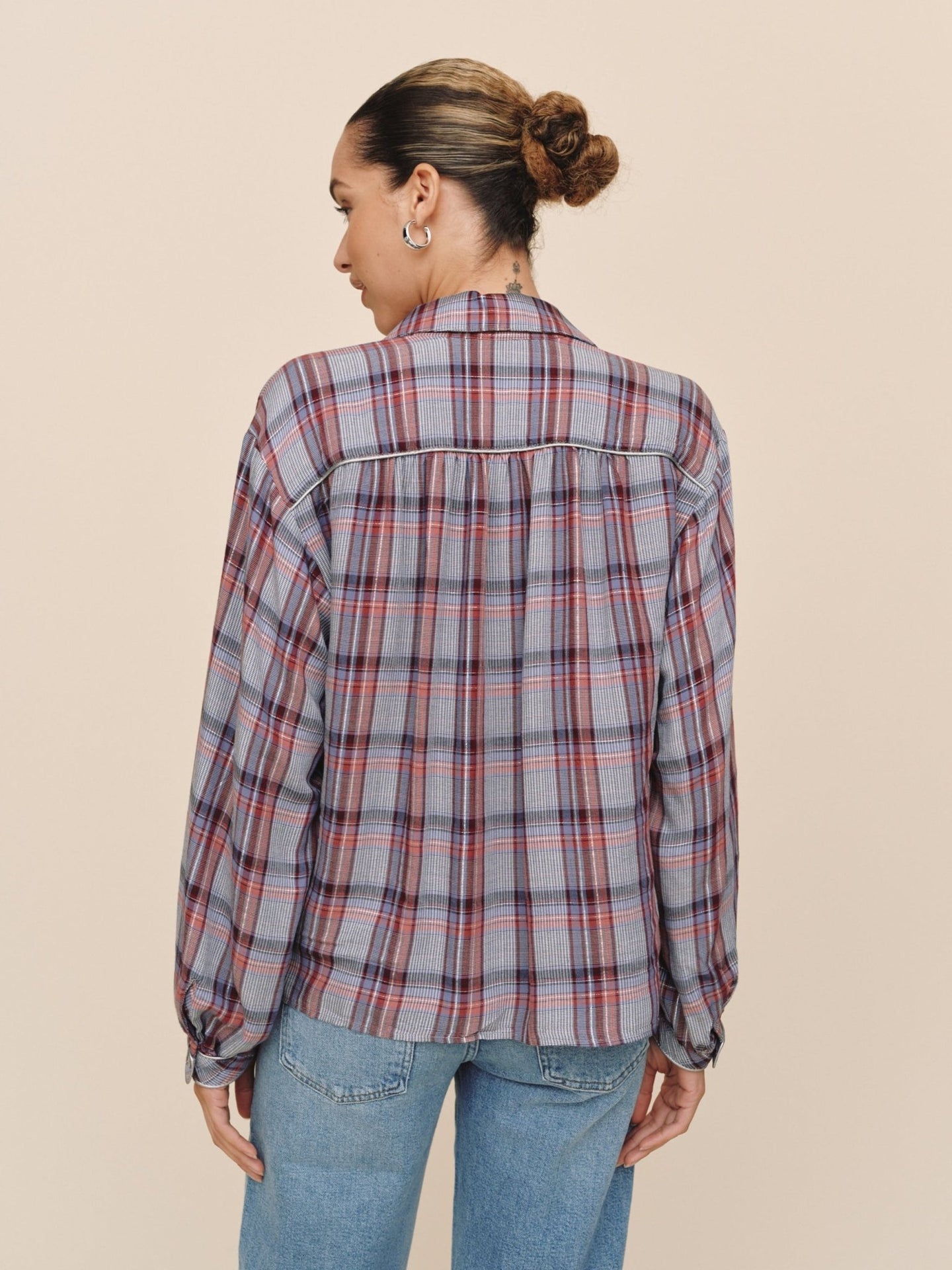Bella DahlTrimmed Flowy Shirt - Silver Shimmer PlaidTops