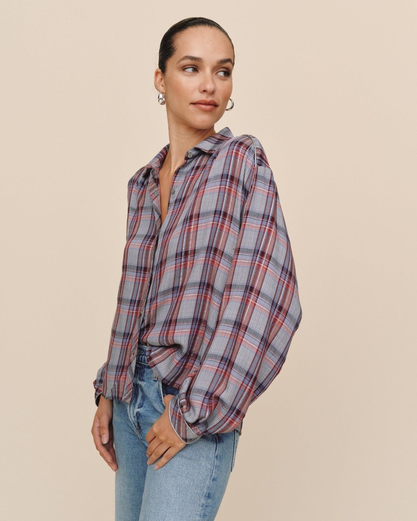 Bella DahlTrimmed Flowy Shirt - Silver Shimmer PlaidTops