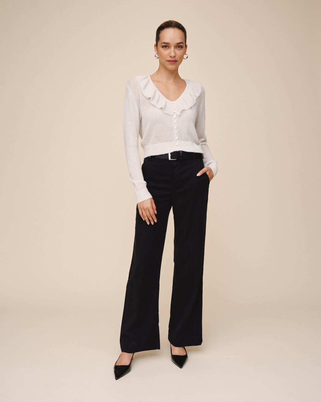 V Neck Ruffle Cardigan - Icy White – Bella Dahl