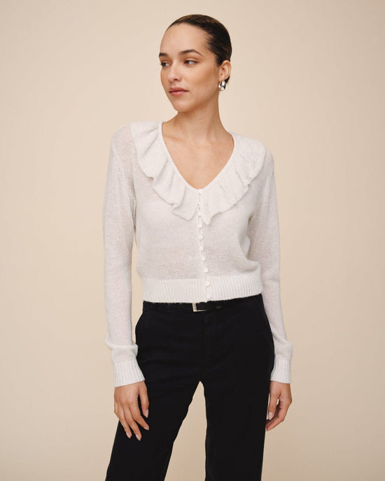 Bella Dahl V Neck Ruffle Cardigan - Icy White View 2