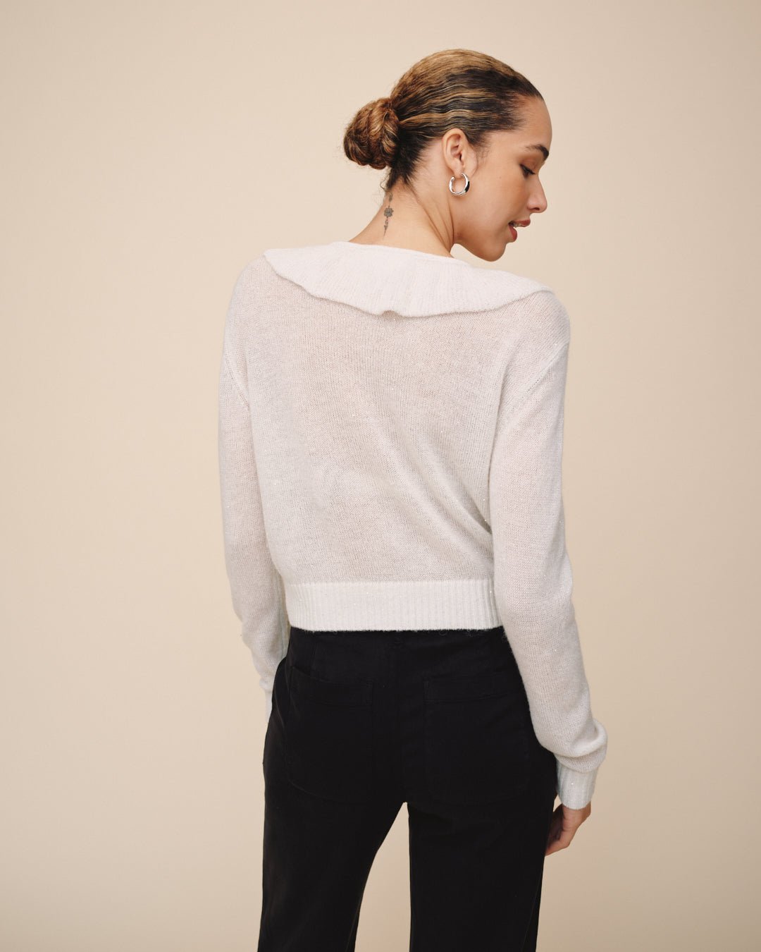 Bella DahlV Neck Ruffle Cardigan - Icy WhiteTops